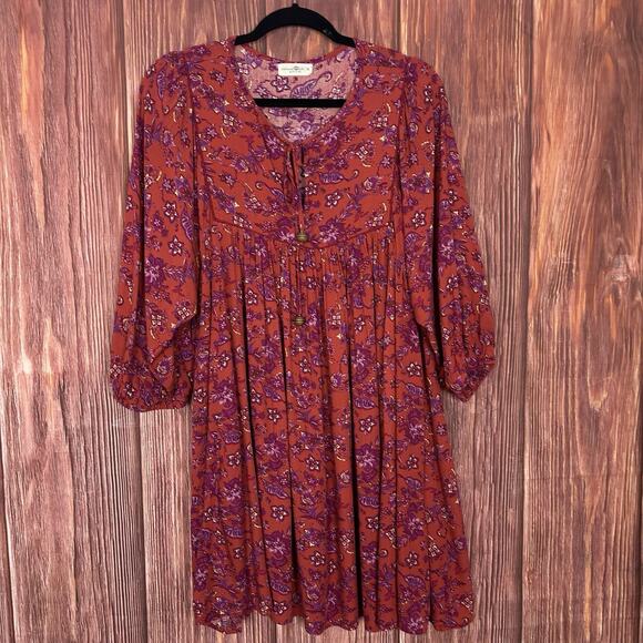 Natural life Rose Dress Rust Purple Floral Tie Neck Babydoll Womens Medium - Picture 2 of 7